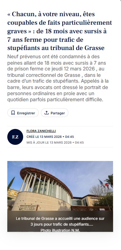 Article Nice-Matin – Trafic de stupéfiants au tribunal de Grasse